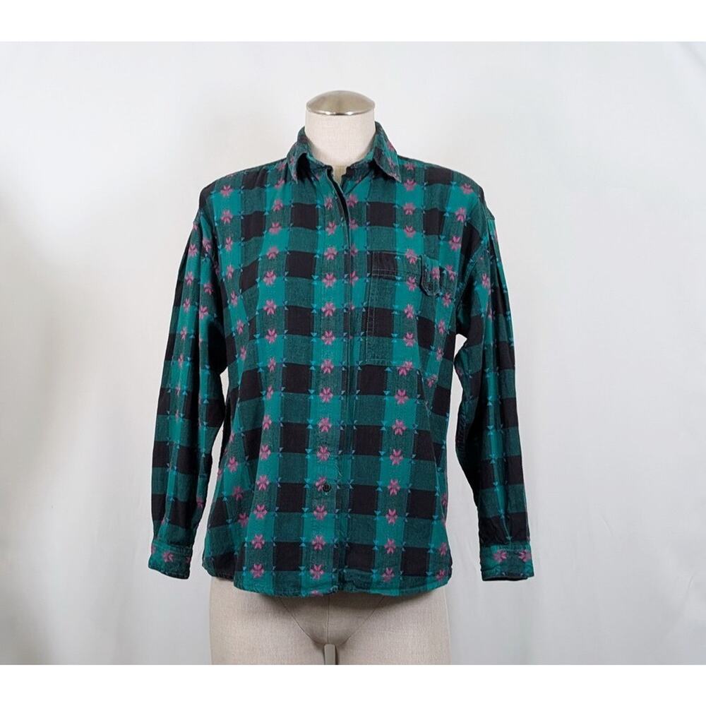 Vintage 90s Blouse Teal Green Southwest Geometric Dobby Check Top Women's Size M